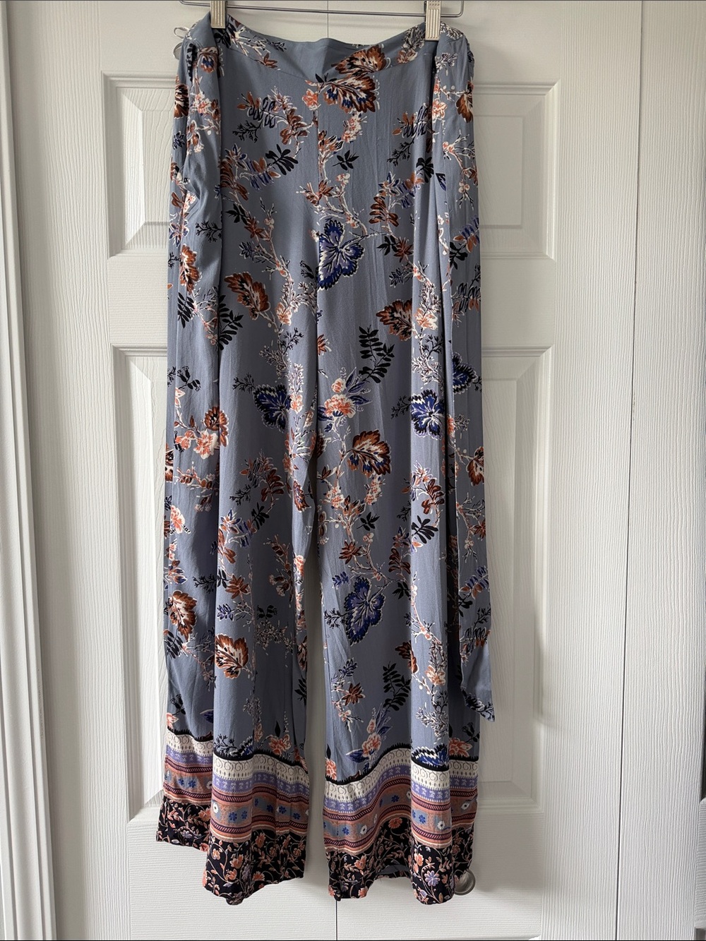 Dry Goods Steel Blue Floral Wide-Leg Pants with Border Hem